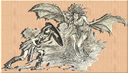 THE COMBAT BETWEEN PERSEUS AND MEDUSA. From Frederick William Hackwood'd "Dragons and Dragon Slayers" - original sketch by GORDON BROWNE.